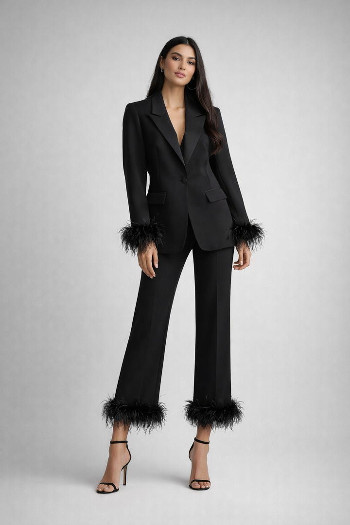 tailored blazer and straight pants set with feather trim – BLUSH