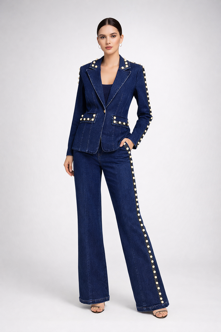 tailored denim blazer and wide-leg pants set with stud detailing – DENARA