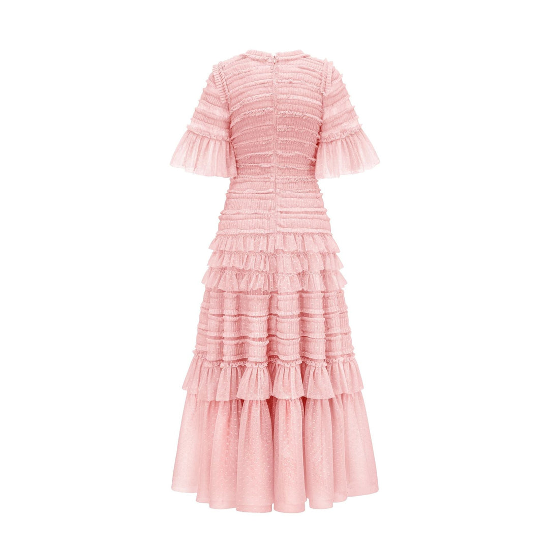 ruffled mesh midi dress with smocked bodice – ROSE