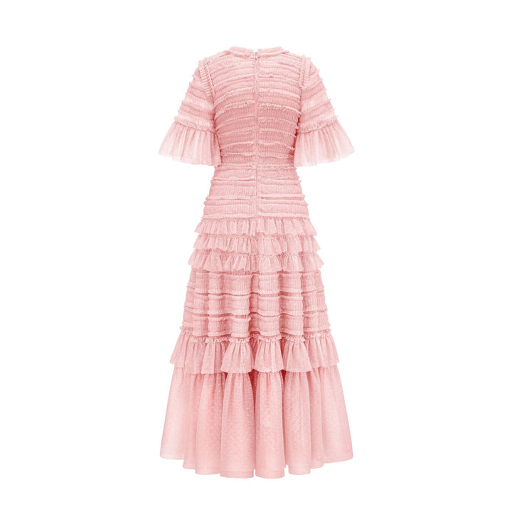 ruffled mesh midi dress with smocked bodice – ROSE