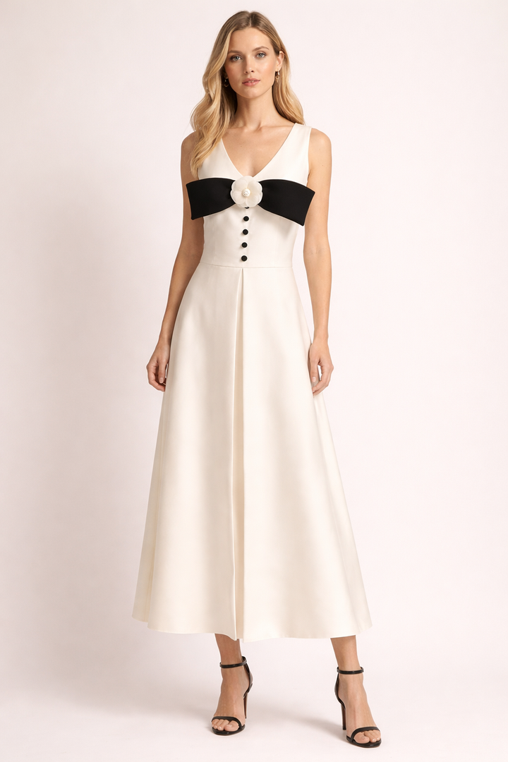 sleeveless midi dress with contrast bow detail – BOW