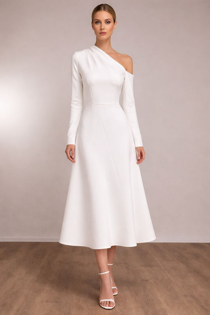 one-shoulder long-sleeve midi dress with flared skirt – IVORIA