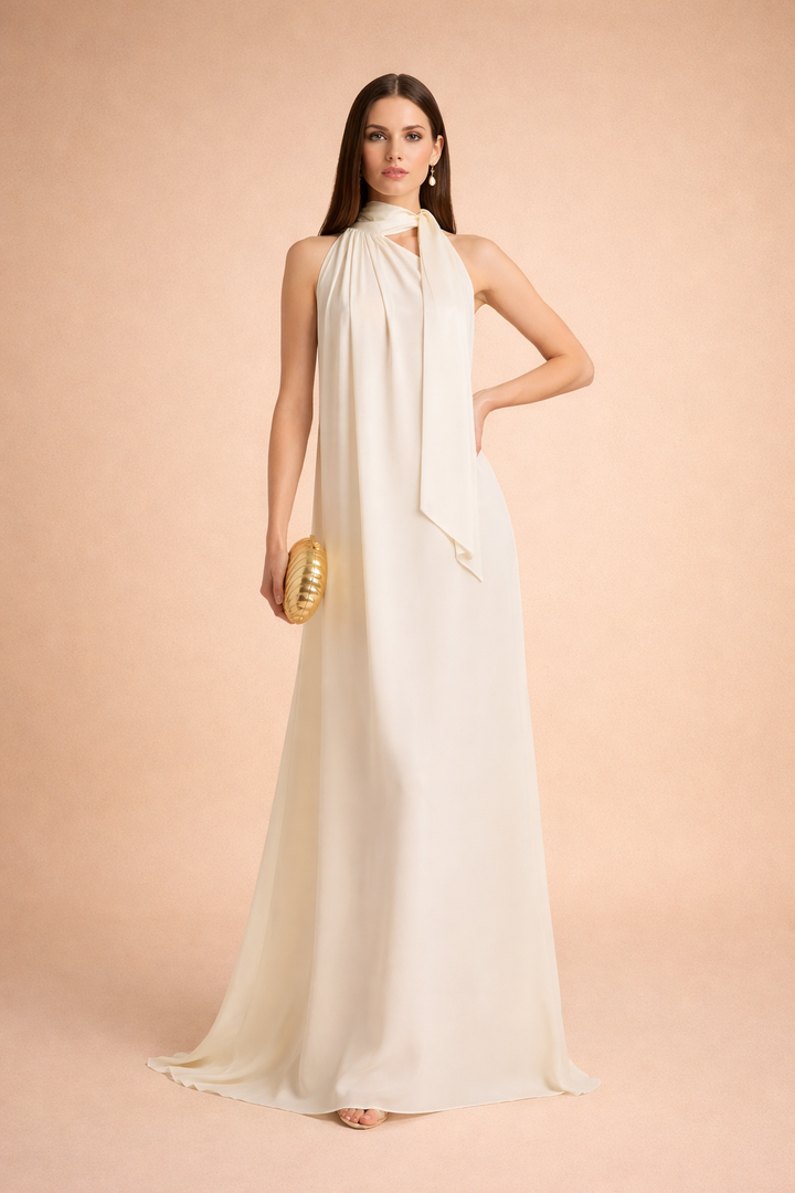 halter draped column dress with neck scarf detail – SERENA