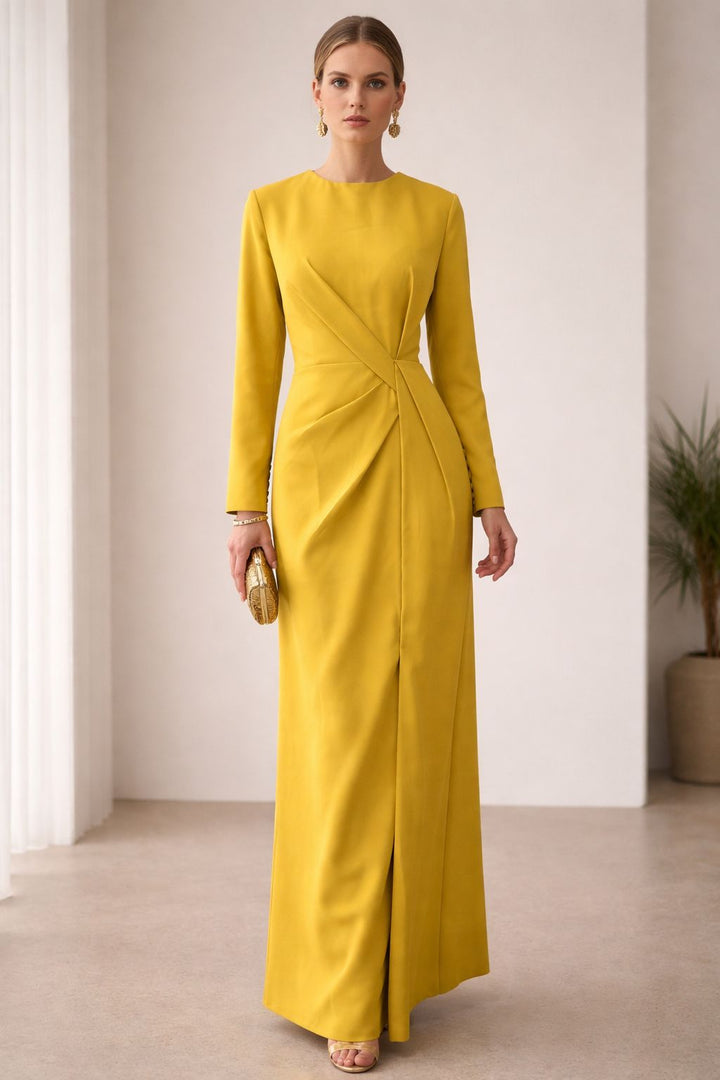 long-sleeve draped column dress with asymmetric waist detail – SOLARA