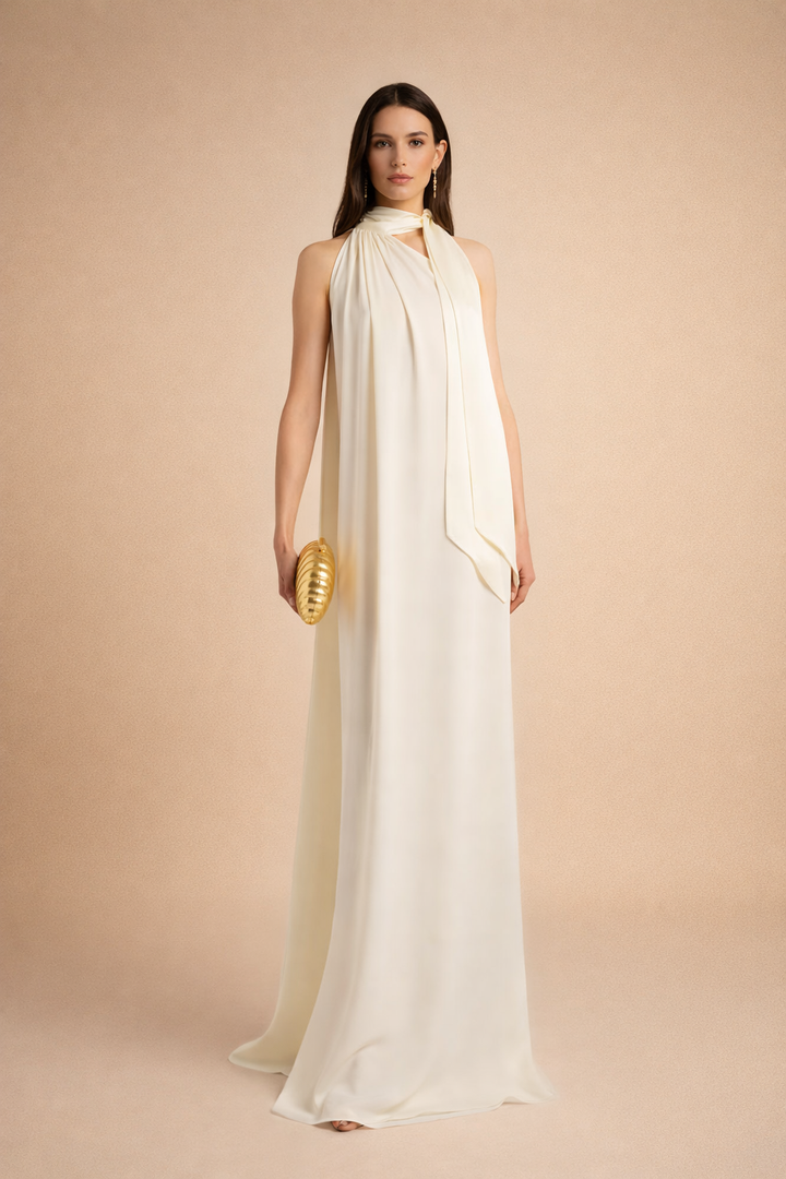 halter draped column dress with neck scarf detail – SERENA