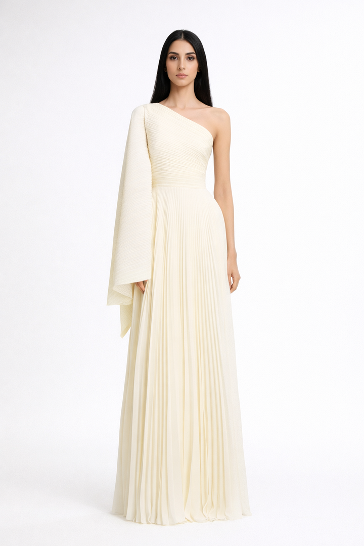 one-shoulder pleated gown with draped cape sleeve – IVORY