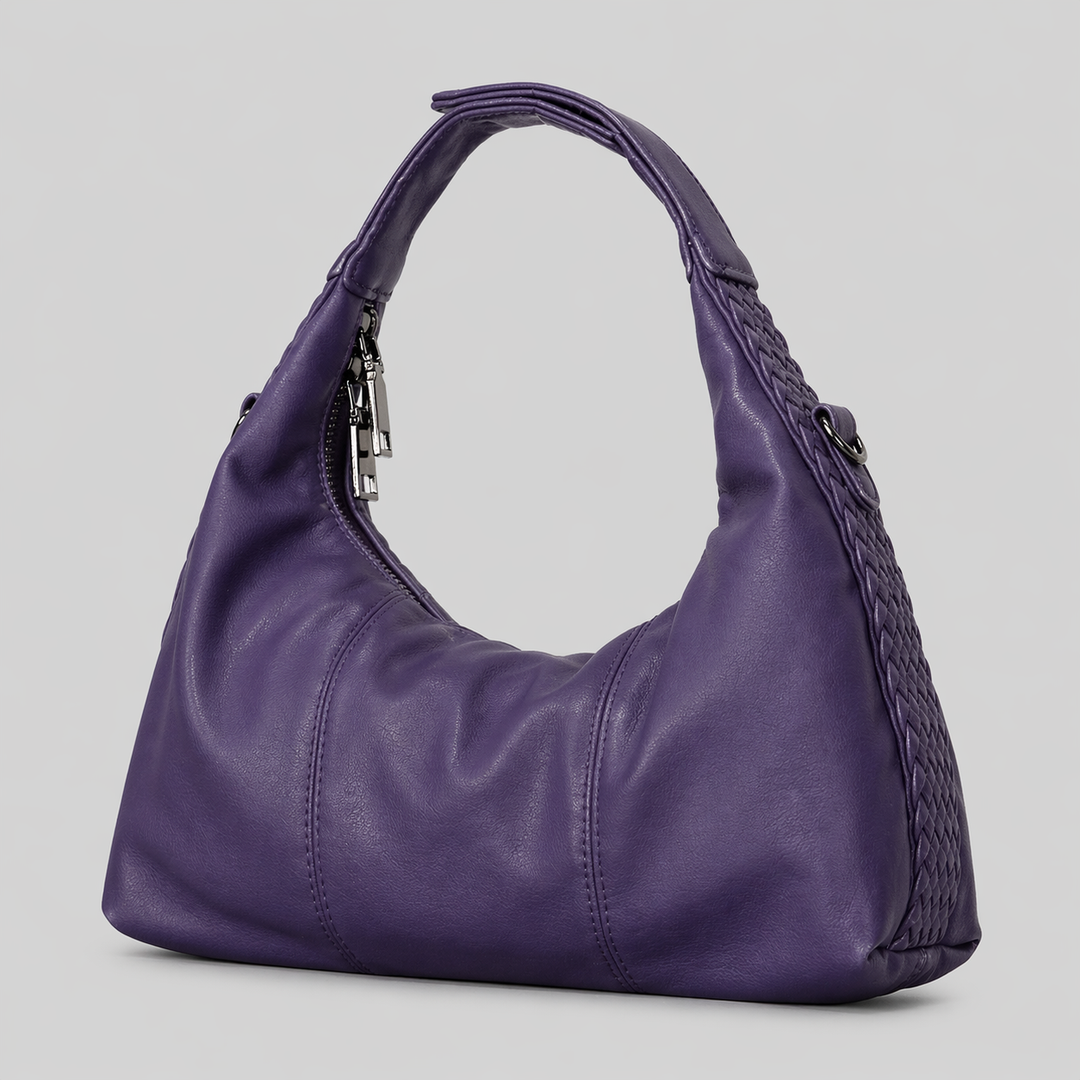 Black Leather Hobo Shoulder Bag with Braided Strap Detail - NOIRVA