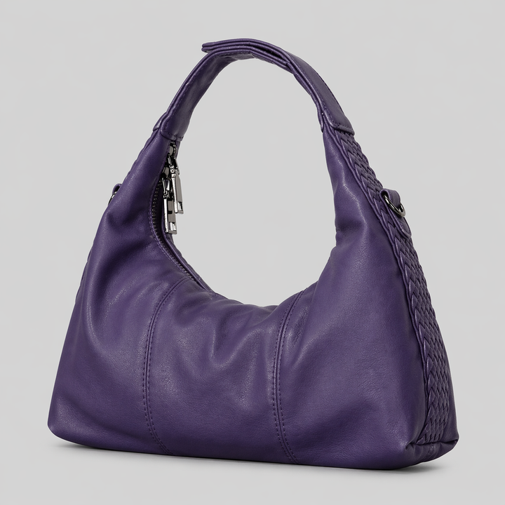 Black Leather Hobo Shoulder Bag with Braided Strap Detail - NOIRVA