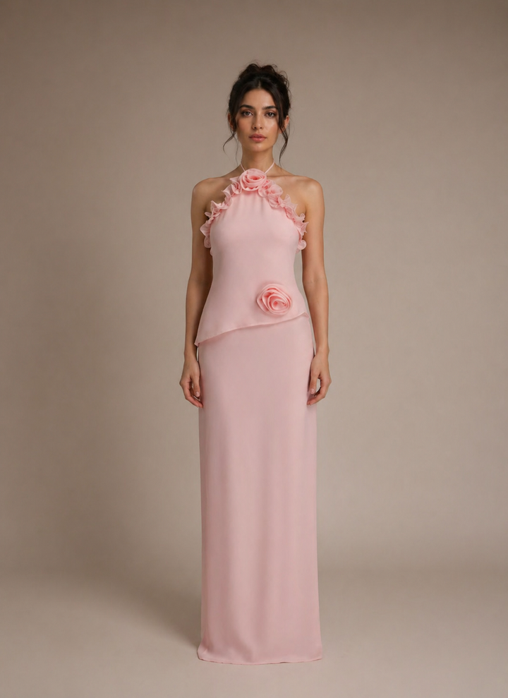 Blush Pink Halter Maxi Dress with Floral Details - ROSELLE