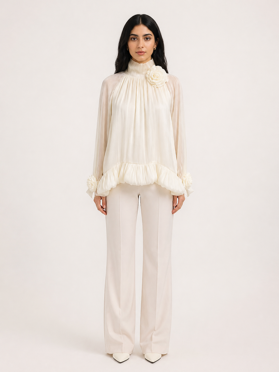 Ivory Pleated Ruffle Blouse – FLORÉA
