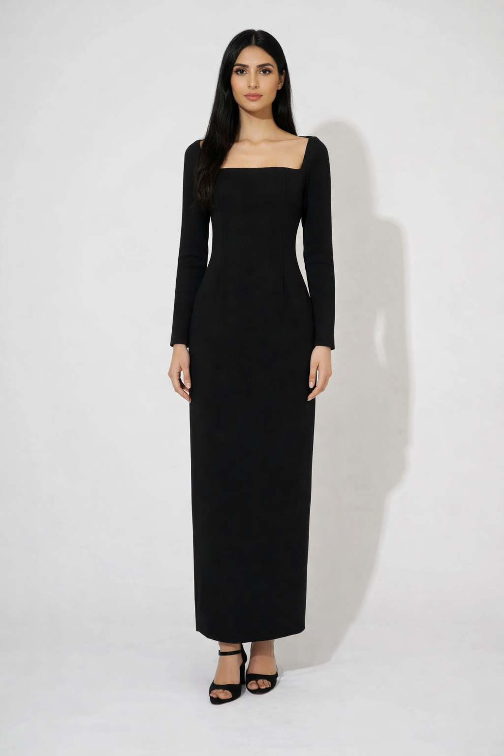 long sleeve column maxi dress with square neckline – LUMINA