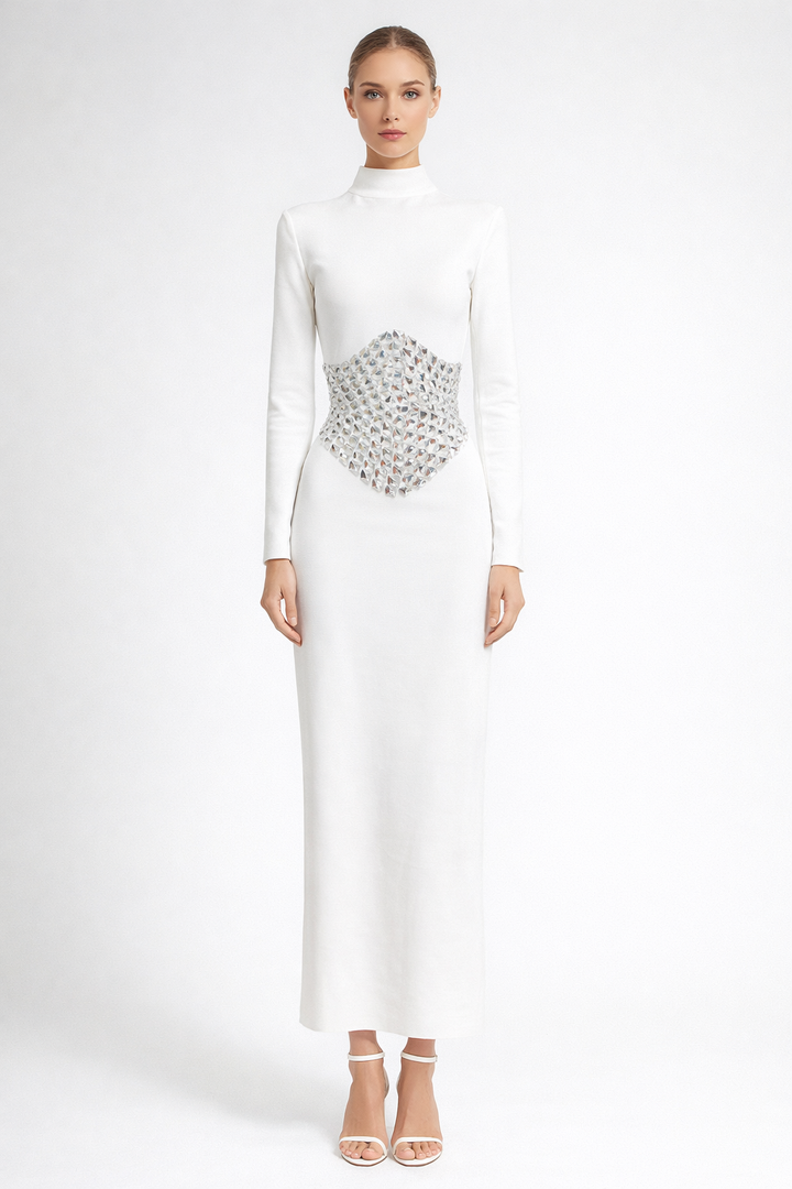 long sleeve high-neck maxi dress with crystal waist embellishment – CRYSTAL
