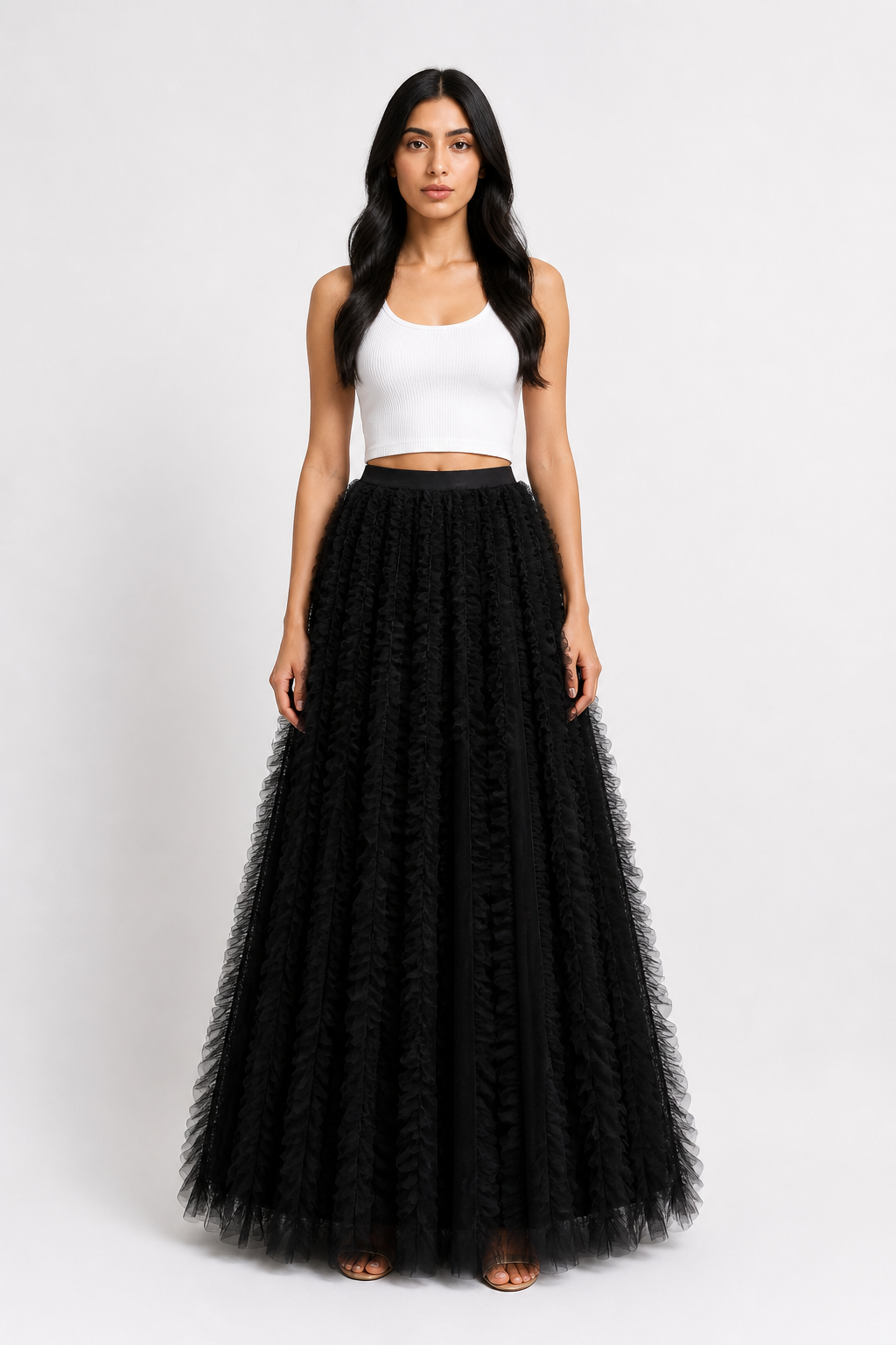 Beige Ruffled Tulle Maxi Skirt – AURÉLIA