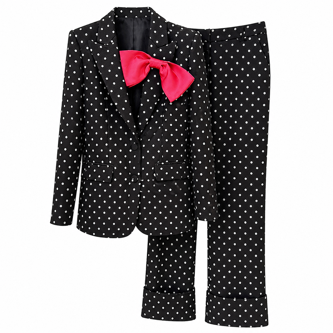 Black Polka Dot Blazer & Tailored Pants Set with Statement Bow – VÉLORA