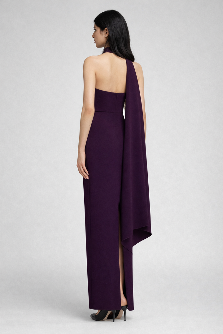 one-shoulder column dress with draped cape panel – VIOLET