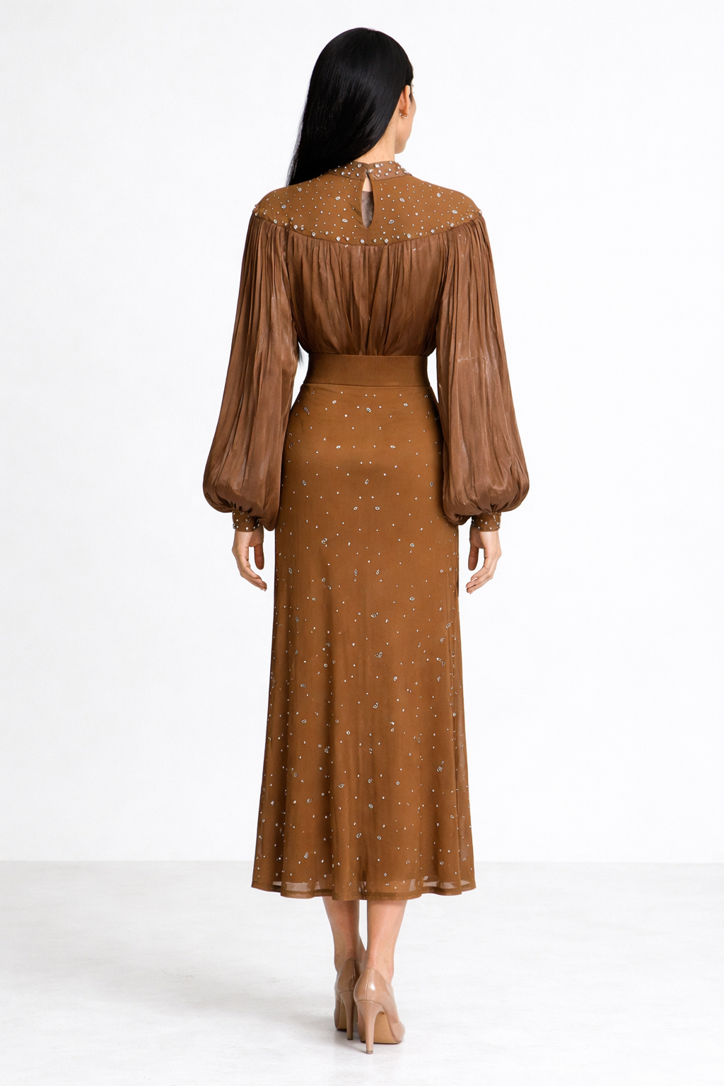 long sleeve midi dress with sheer embellished bodice and draped waist – SIENNA