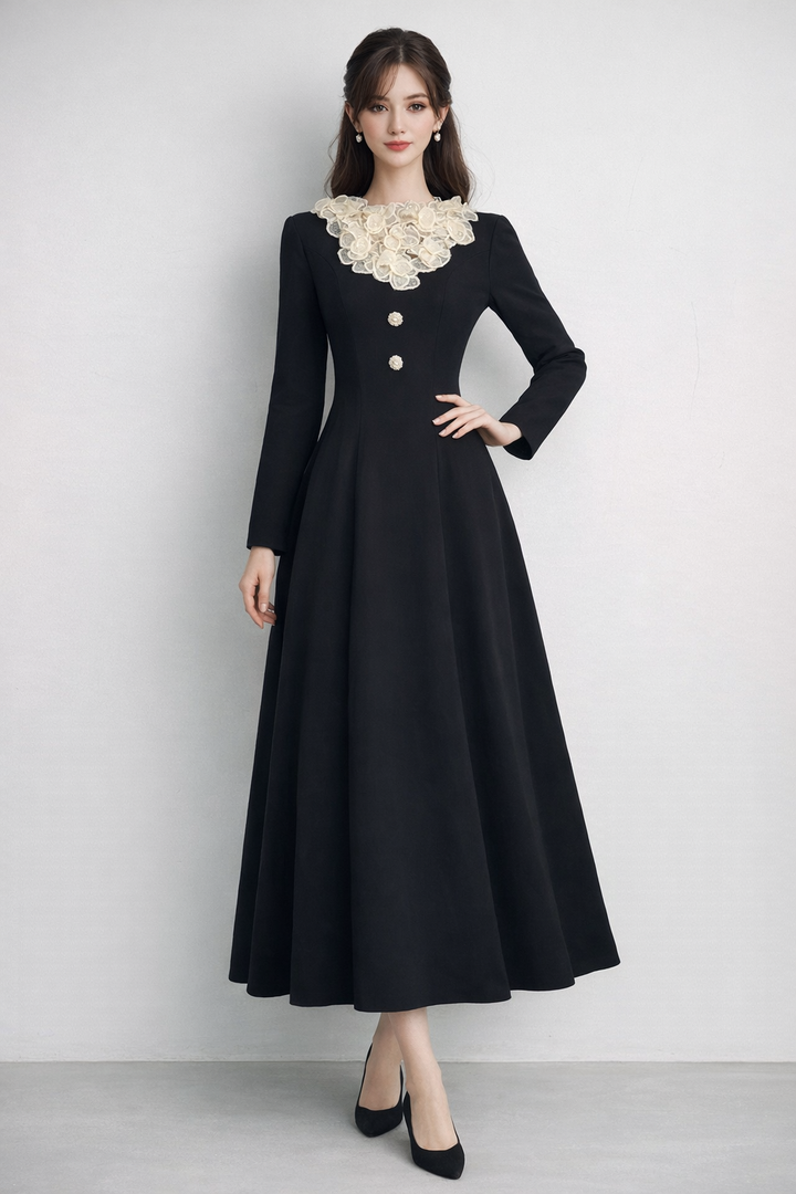 long sleeve A-line dress with floral lace collar – ELISE