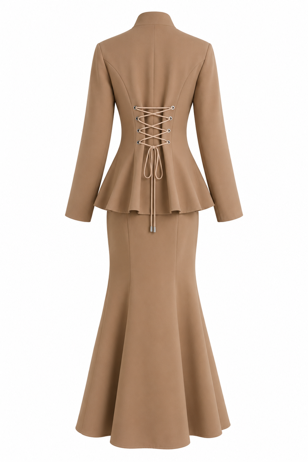 Elegant Embroidered Peplum Top & Mermaid Skirt Set - Champagne