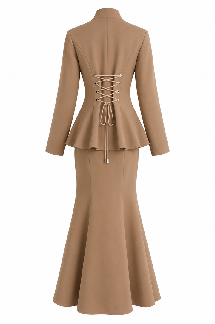 Elegant Embroidered Peplum Top & Mermaid Skirt Set - Champagne