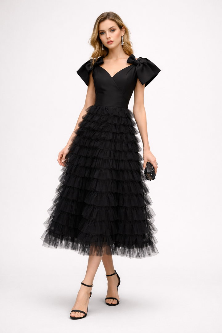 off-shoulder tulle midi dress with layered ruffles and bow straps – NOIRS