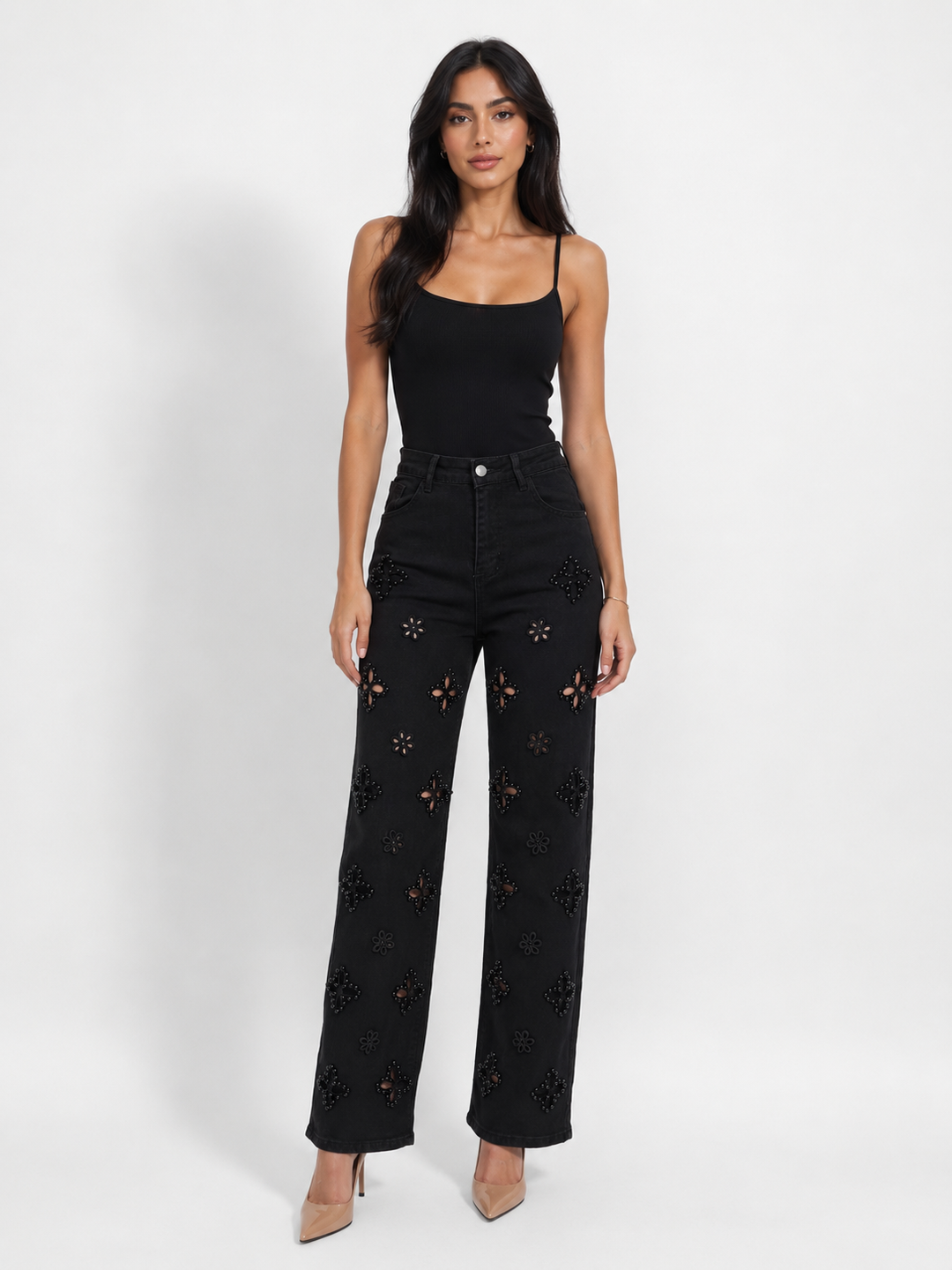 Pearl Embellished Floral Cutout Jeans - Glam