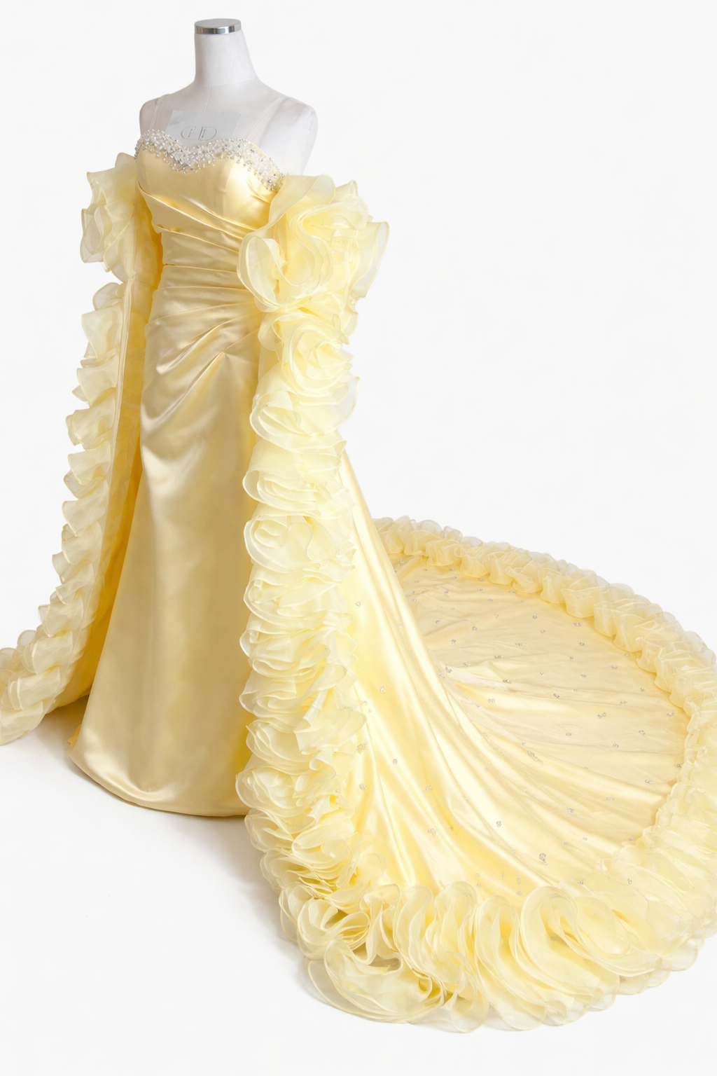 off-shoulder satin gown with ruffled cape train – AURÉLIE
