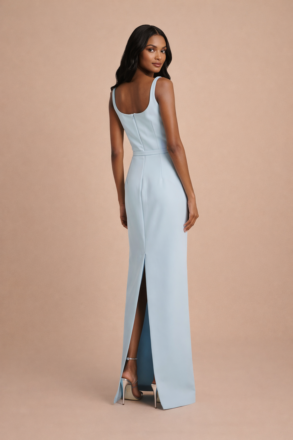 sleeveless square-neck column dress with floral waist detail – AZURIA