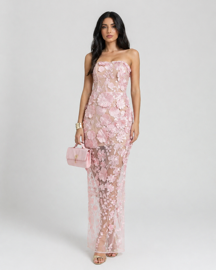 Sheer Floral Lace Strapless Maxi Dress - FIORELLA