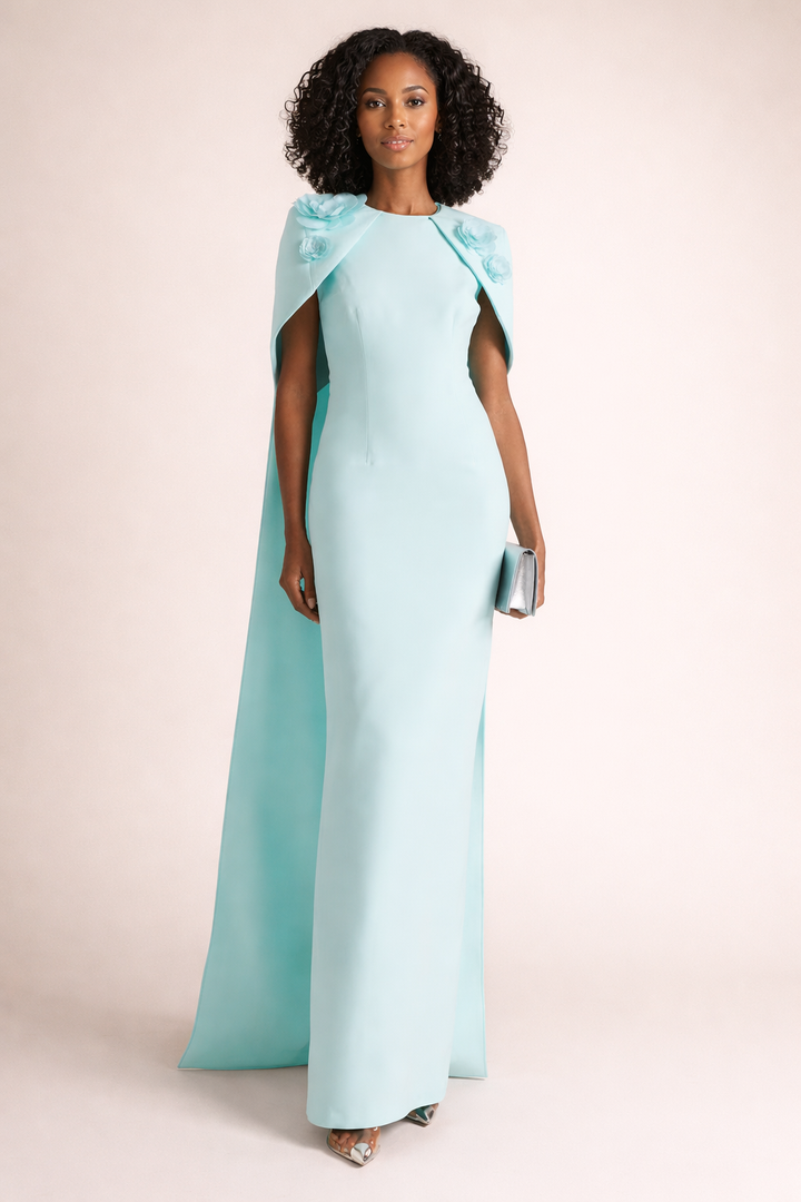 cape column dress with floral shoulder appliqué – CELESTIA