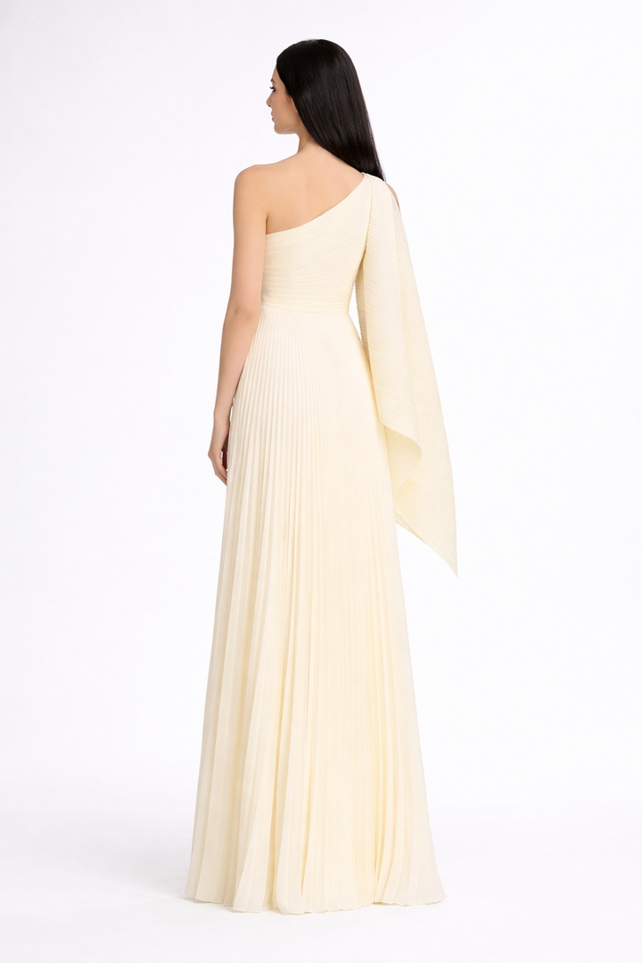 one-shoulder pleated gown with draped cape sleeve – IVORY