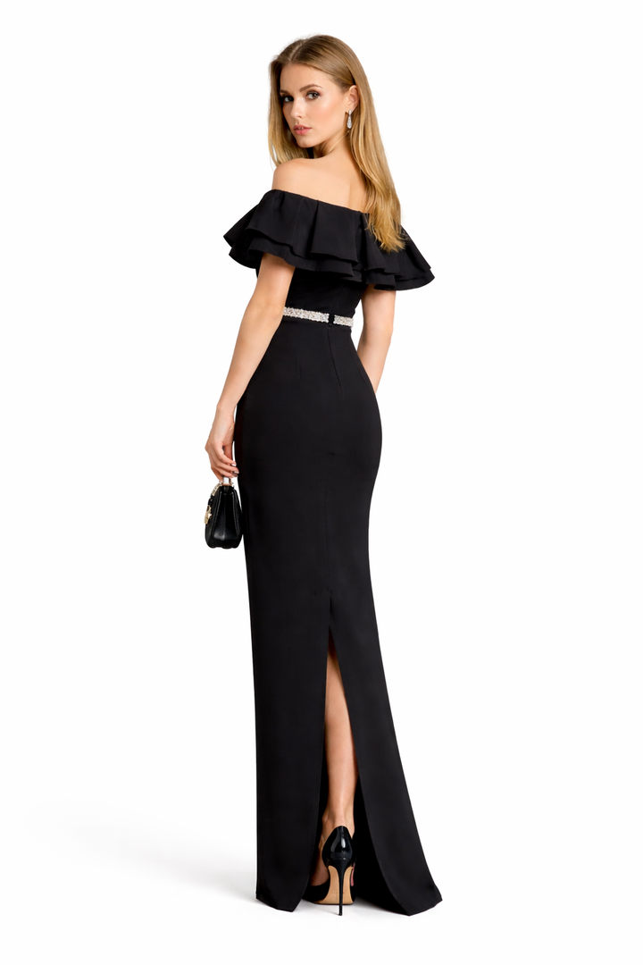 off-shoulder ruffle column dress with crystal waist belt – NOIRIA