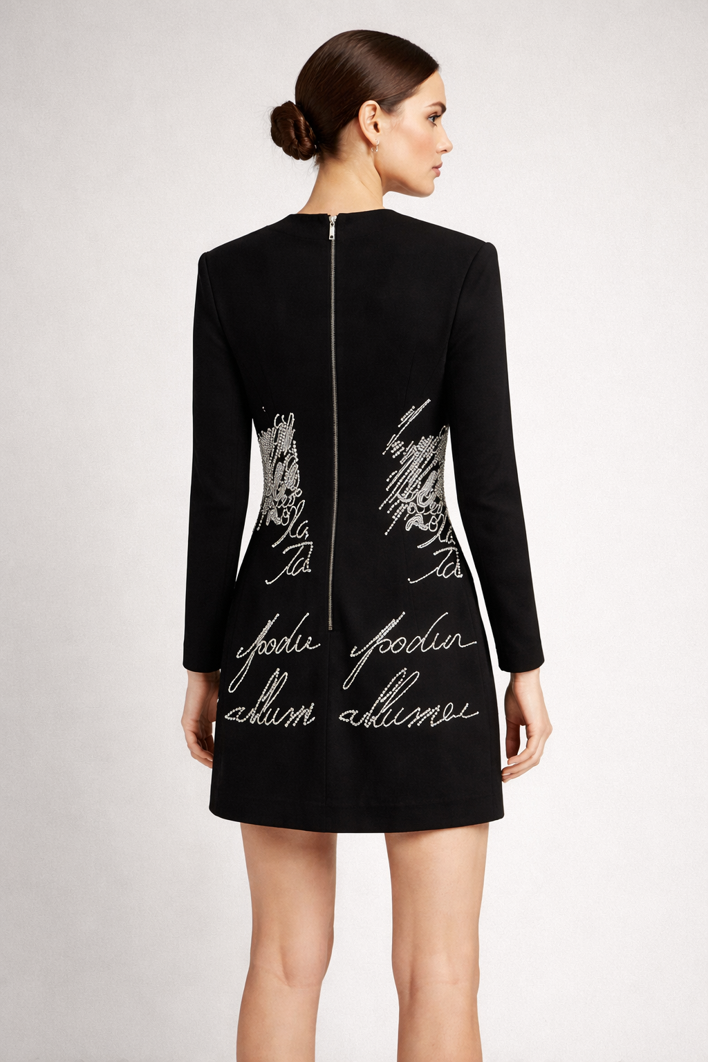 long sleeve mini dress with handwritten crystal detailing – SCRIPT