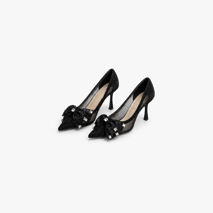 pointed toe mesh heels with embellished bow – ELARA
