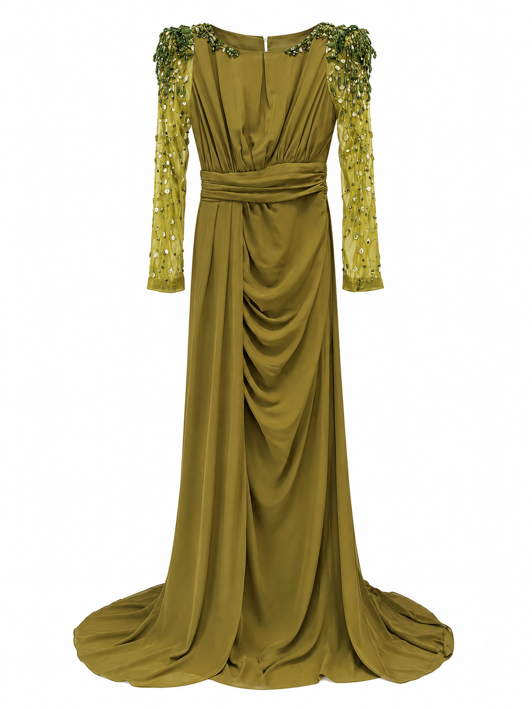 draped satin maxi dress with embellished sheer sleeves – OLIVIA