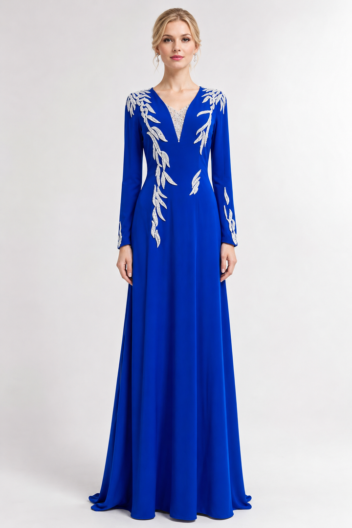 long-sleeve V-neck evening gown with crystal leaf embroidery – SAPPHIRA