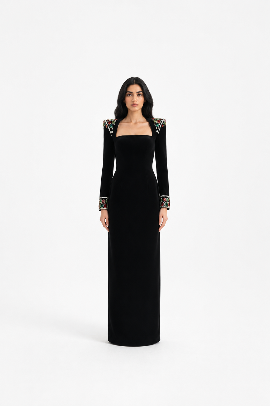 long-sleeve column gown with embellished shoulders – ARISTELLA