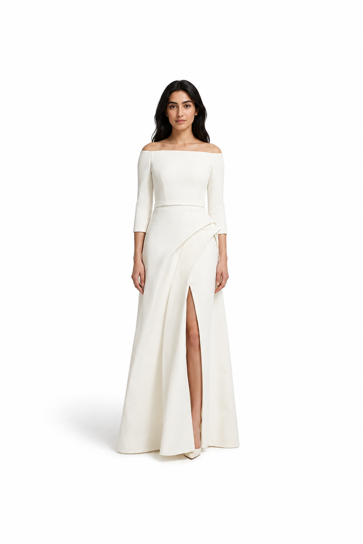 off-shoulder gown with draped slit skirt – ALYAAH