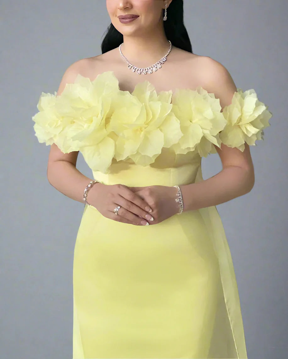 Off-shoulder column dress with floral neckline and chiffon train – LEMONIA-1