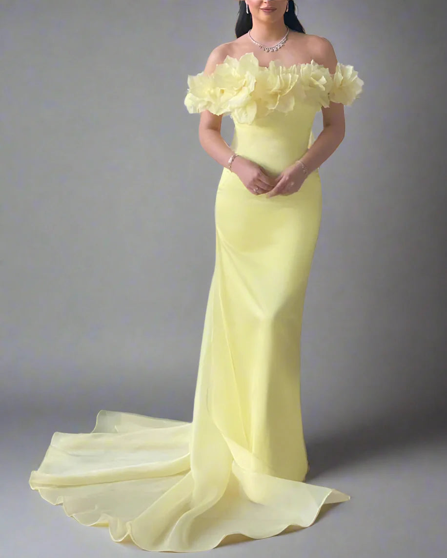 Off-shoulder column dress with floral neckline and chiffon train – LEMONIA-1