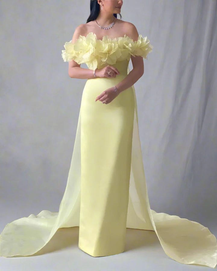 Off-shoulder column dress with floral neckline and chiffon train – LEMONIA-1