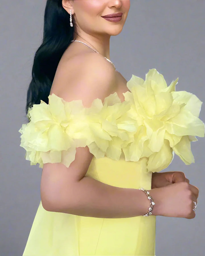 Off-shoulder column dress with floral neckline and chiffon train – LEMONIA-1