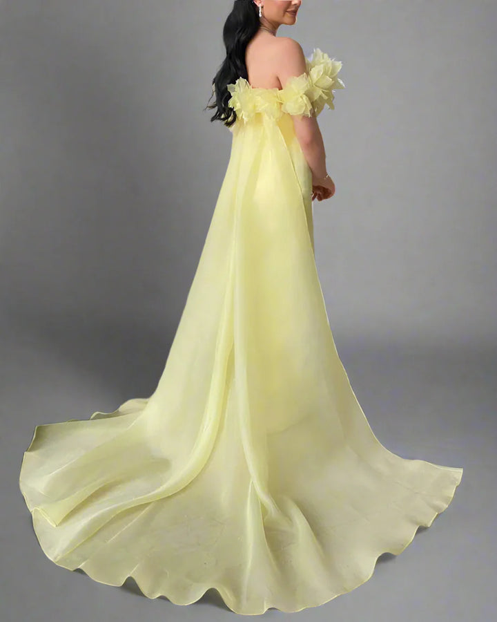 Off-shoulder column dress with floral neckline and chiffon train – LEMONIA-1