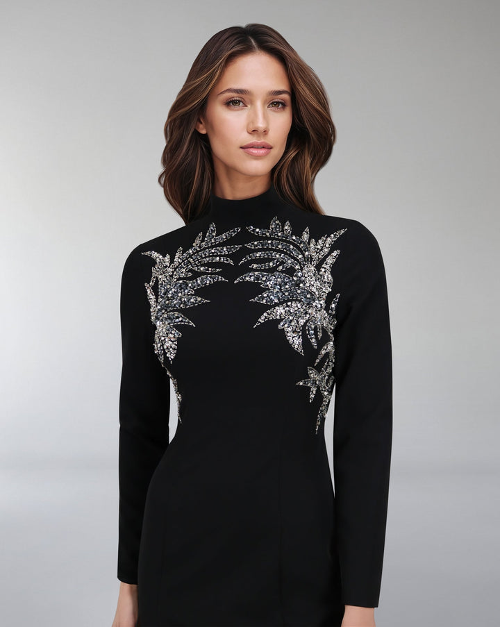 ODD-High neck - long sleeve dress with beaded chest-Sadem