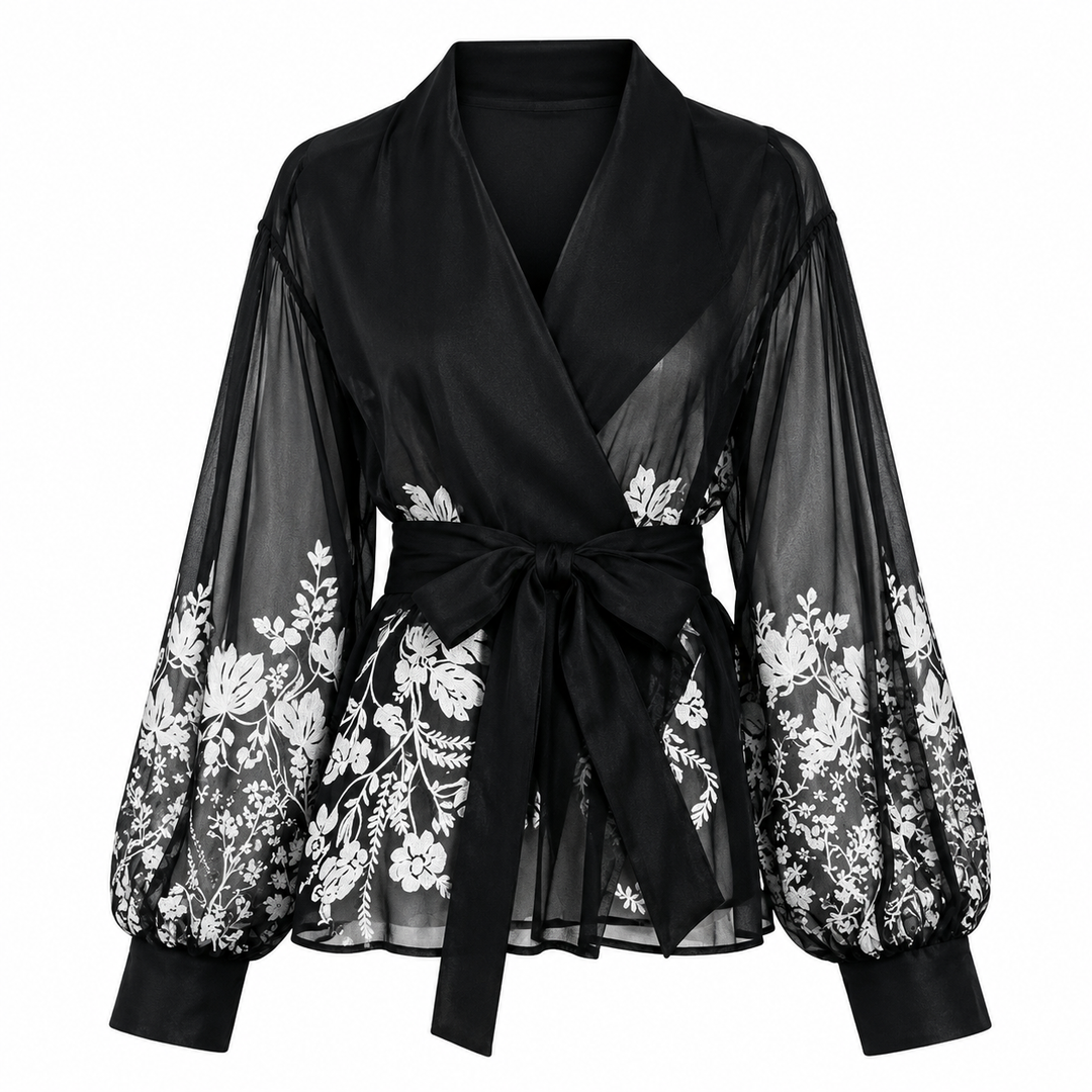 Black Sheer Floral Wrap Blouse – NOIRÉLLE