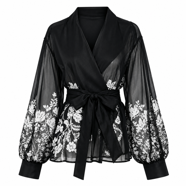 Black Sheer Floral Wrap Blouse – NOIRÉLLE