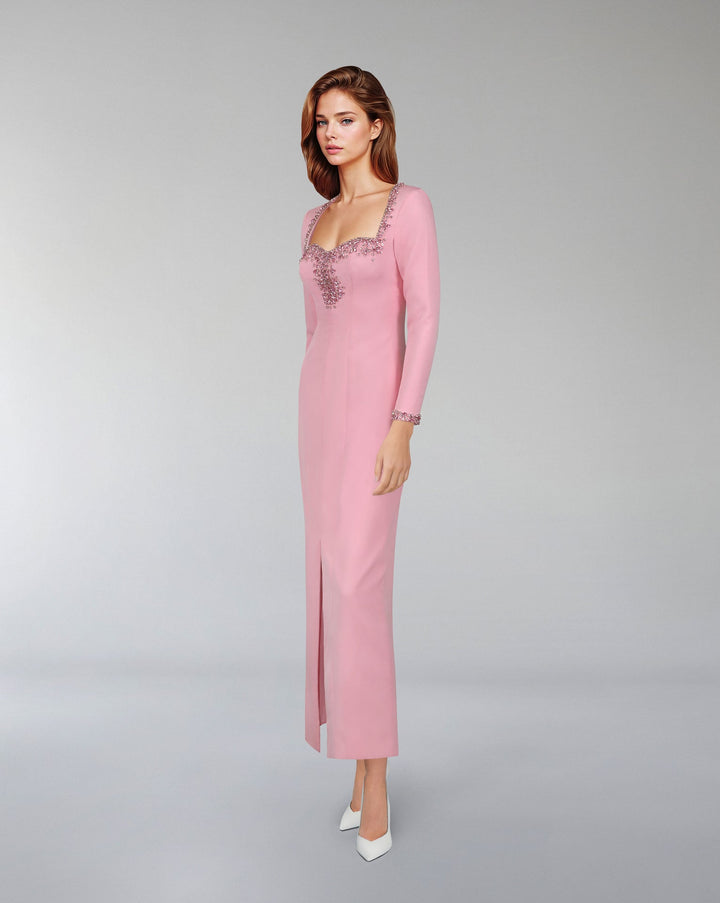 Beaded hearth neckline dress with front slit ODD-Lordin
