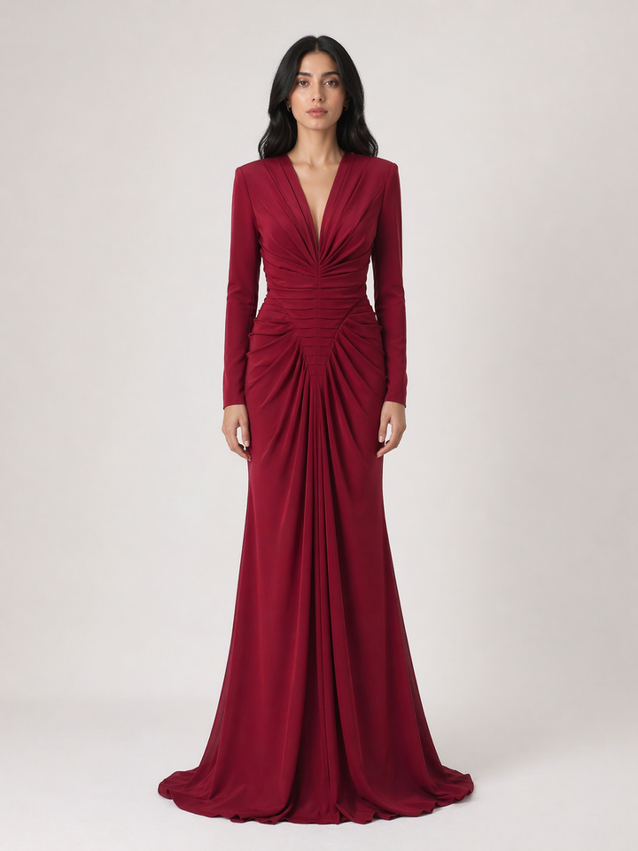 Red Ruched Mermaid Maxi Dress with Deep V Neck - RUBELLA