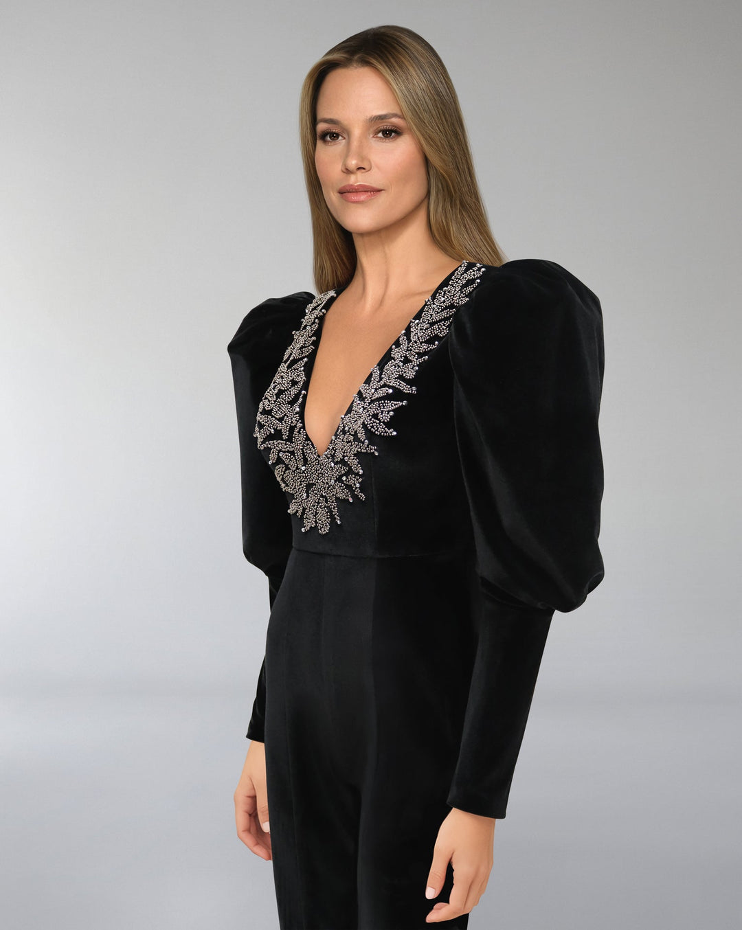 ODD-Beaded velvet Jumpsuit with V neckline-Merry