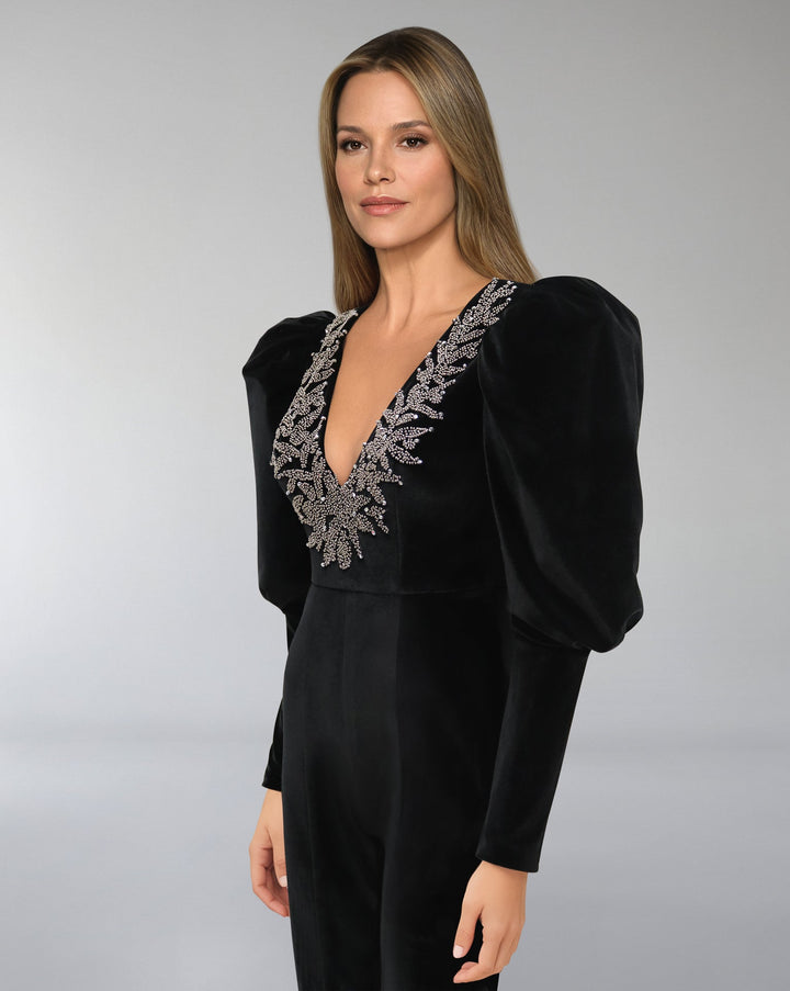 ODD-Beaded velvet Jumpsuit with V neckline-Merry