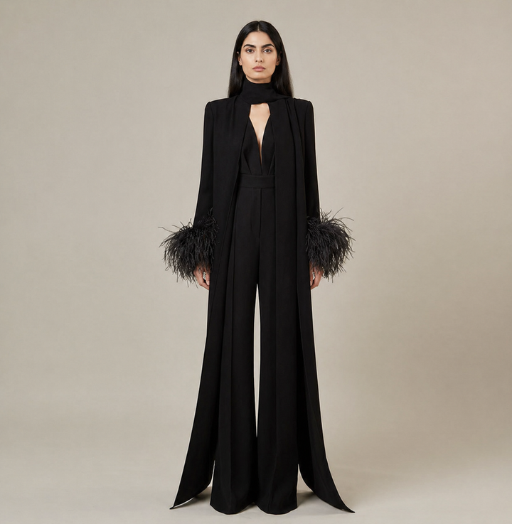 Black Feather Cuff Cape Jumpsuit – NOIRÉLLE